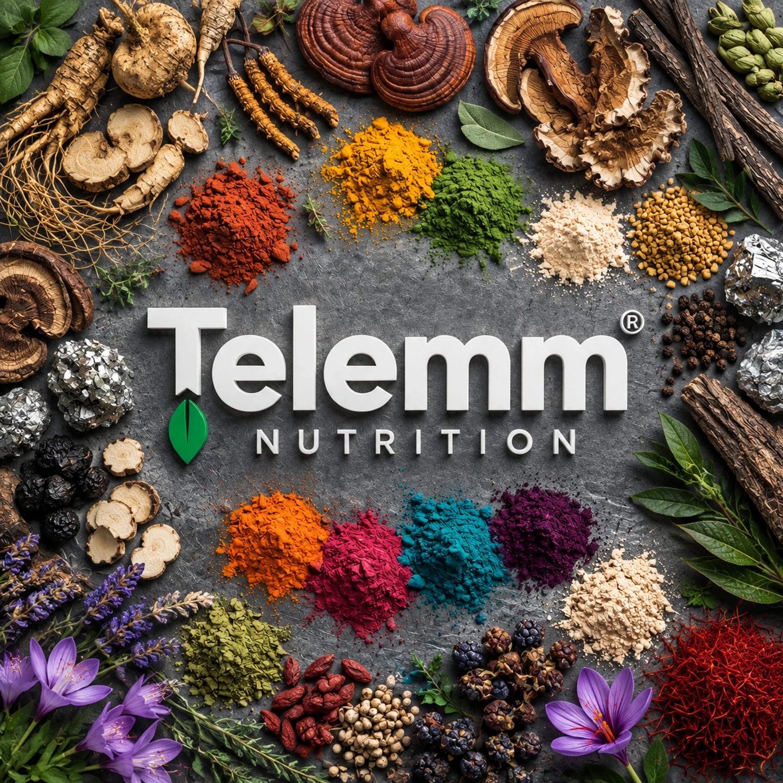 TELEMM Nutrition brand artwork surrounded by botanical roots, resins, leaves, flowers and colored powders.