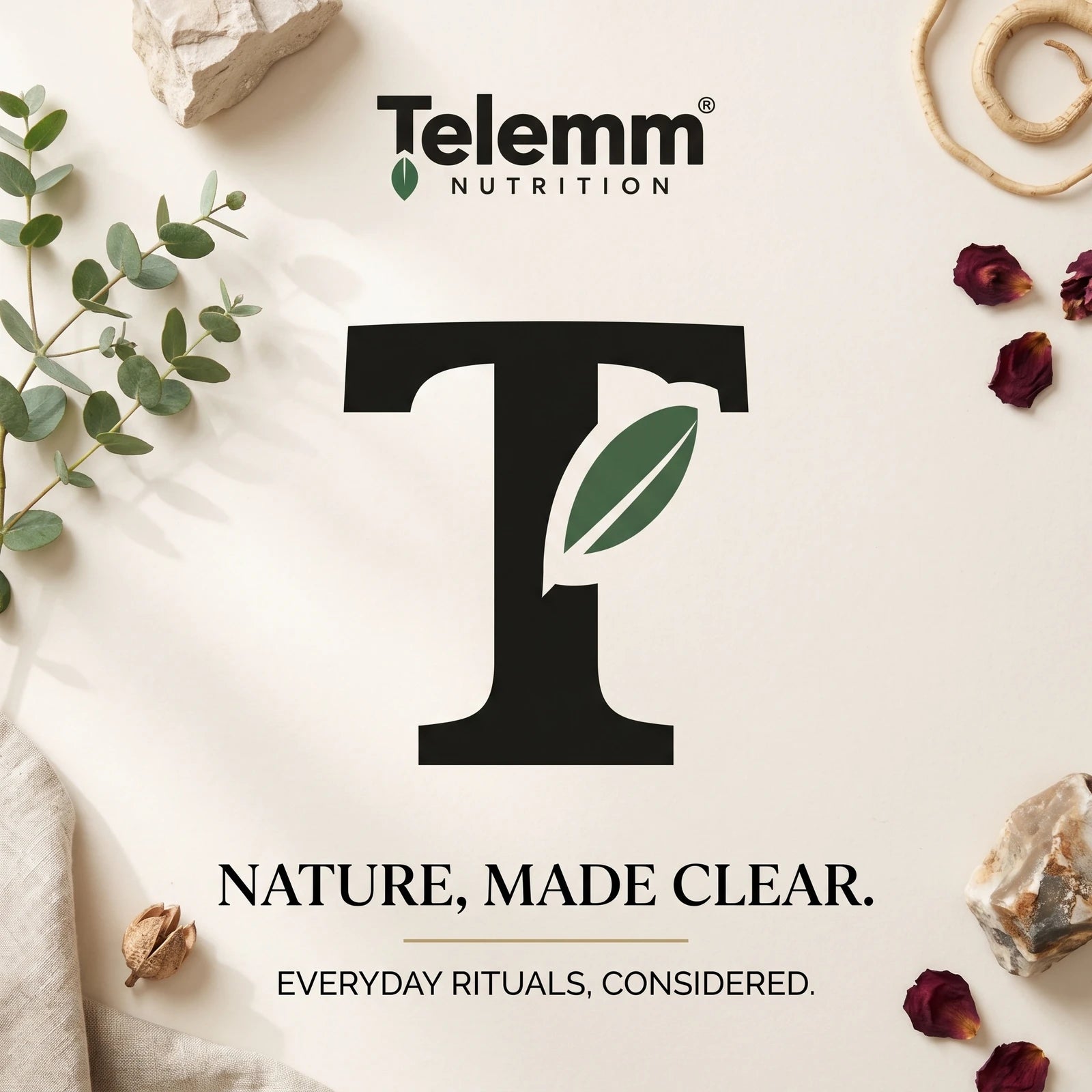 TELEMM Nutrition T and leaf emblem. Nature, made clear. Everyday rituals, considered.