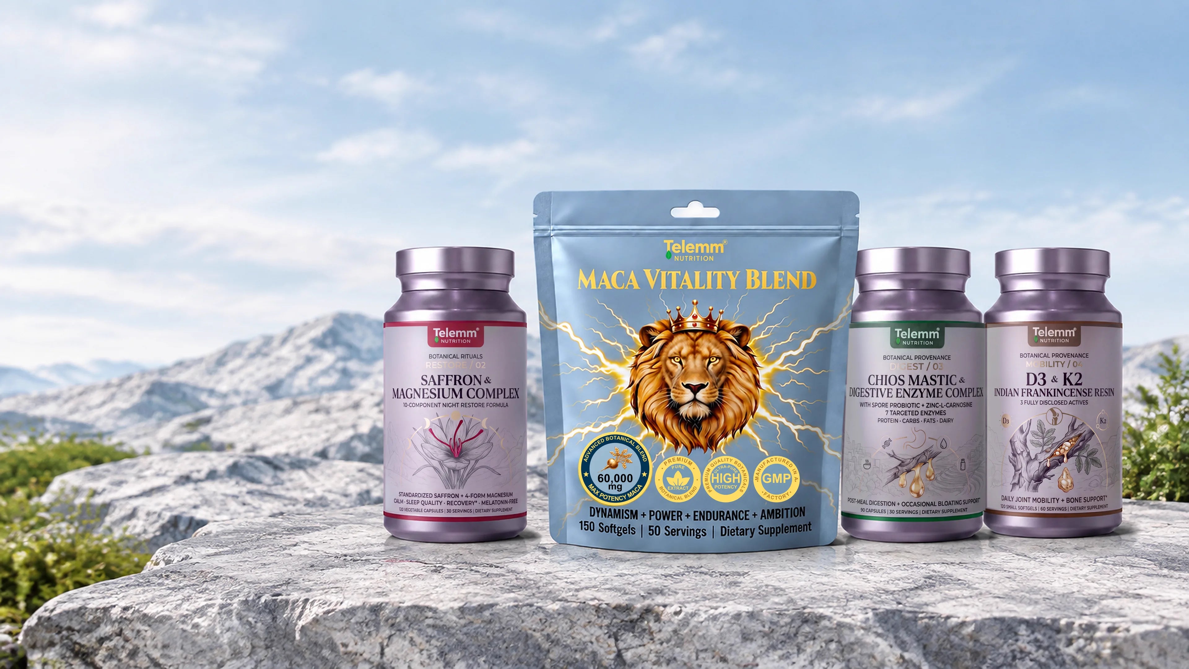 TELEMM botanical nutrition products arranged on a mountain landscape