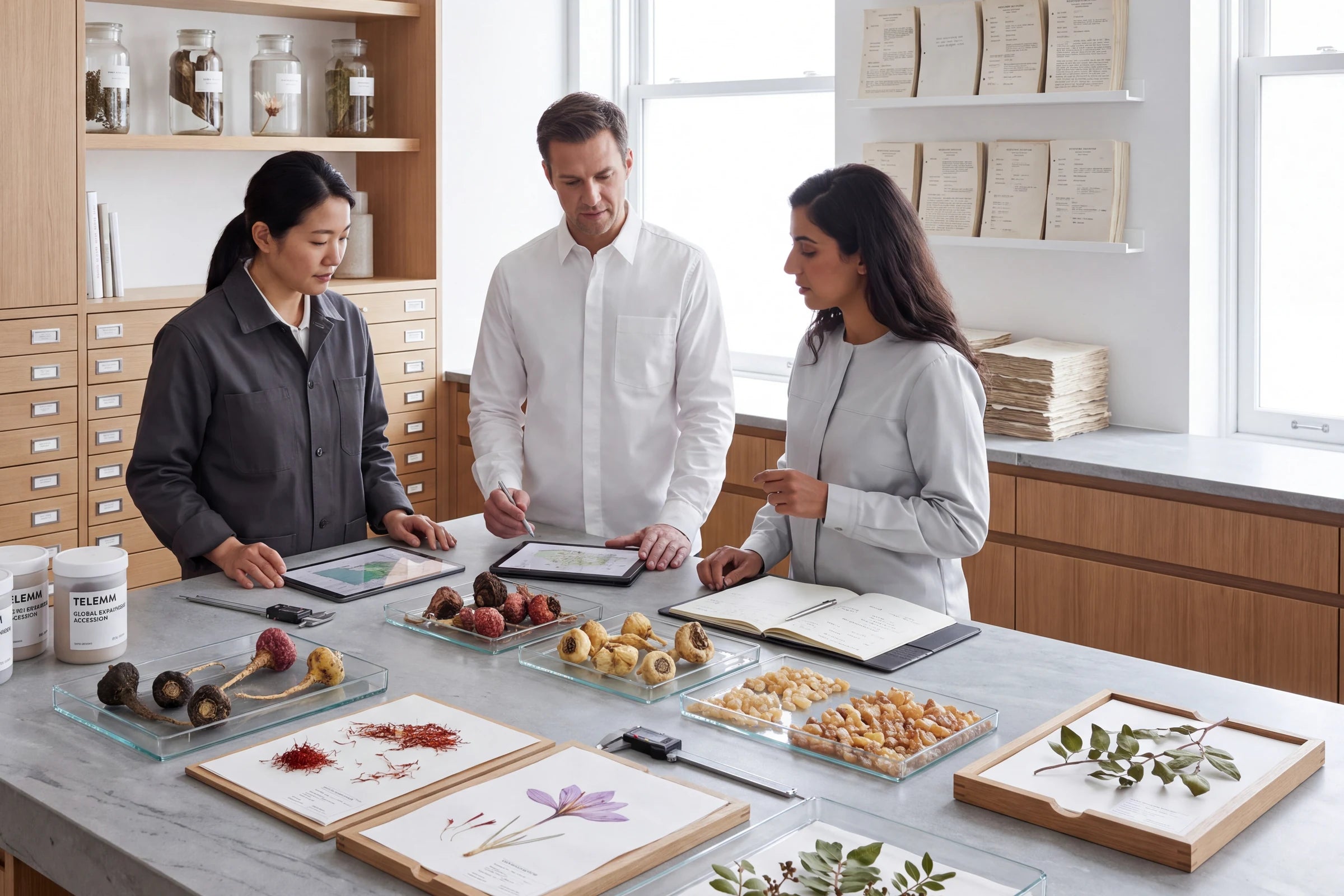Team organizing botanical specimens in the TELEMM material archive