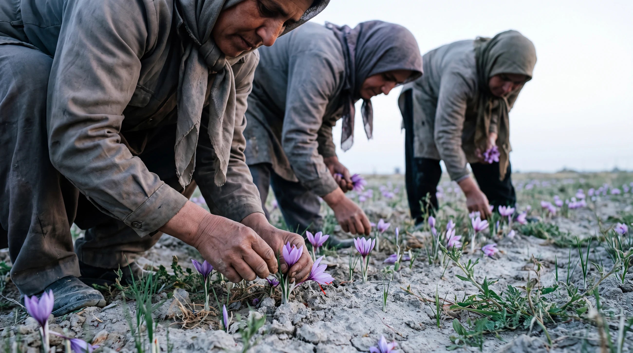 Skilled harvesters gathering saffron flowers by hand