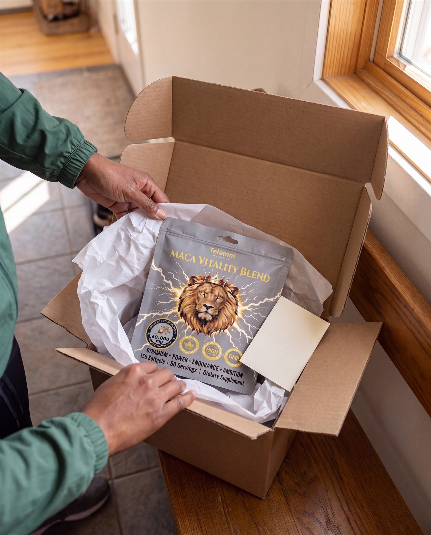 TELEMM Maca Vitality Blend in a home delivery box