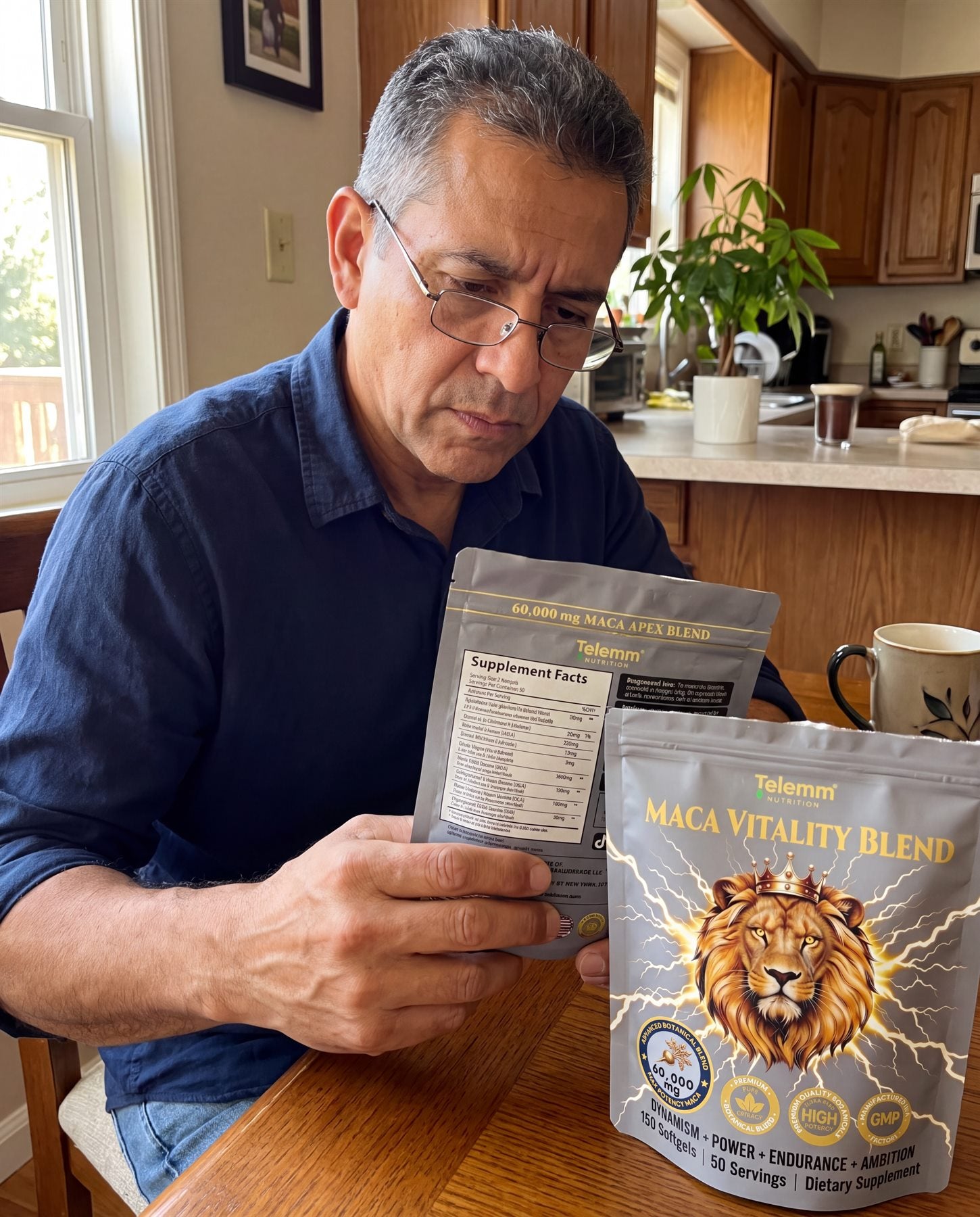 Man reading the Supplement Facts panel on TELEMM Maca Vitality Blend