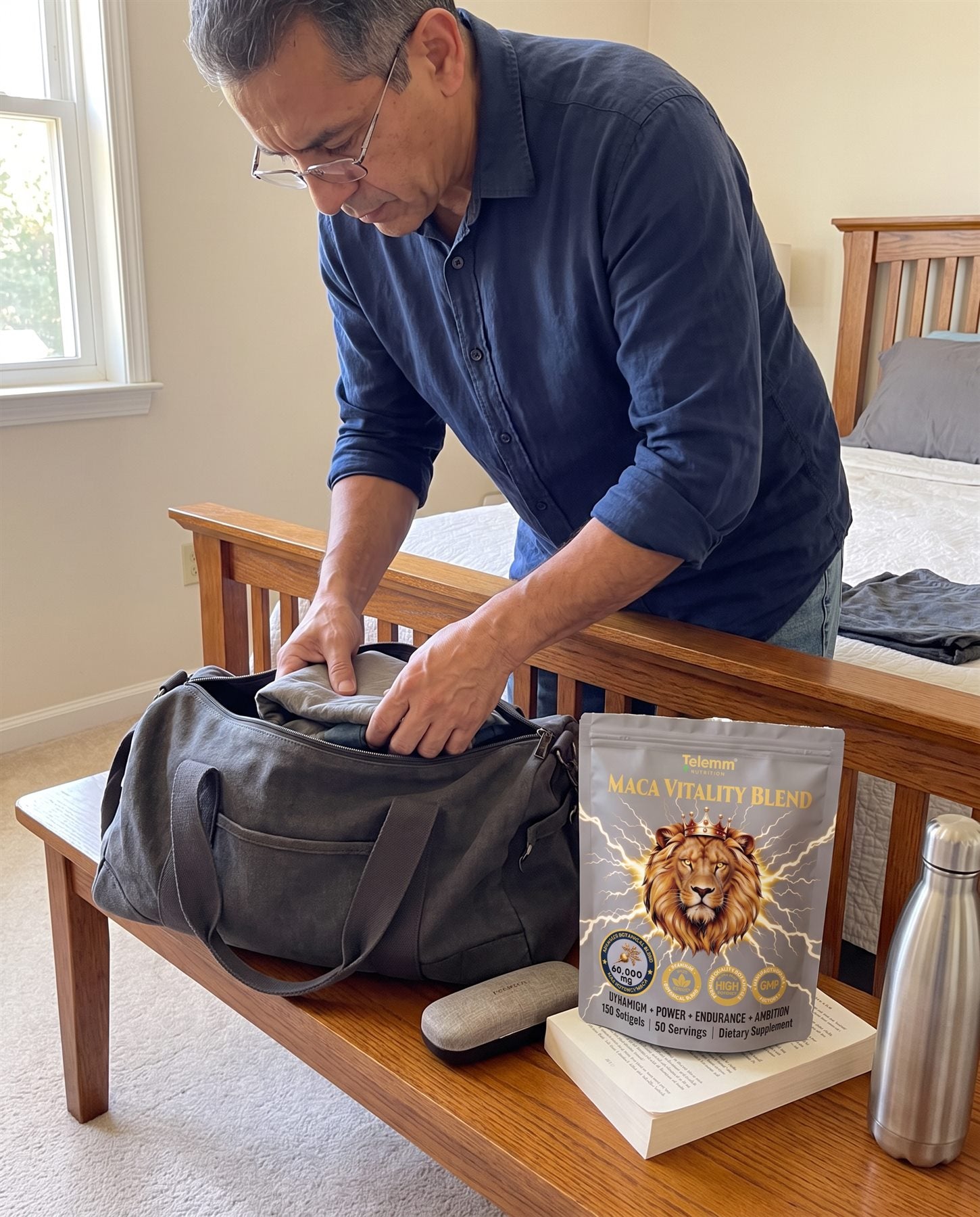 Man packing for travel beside TELEMM Maca Vitality Blend