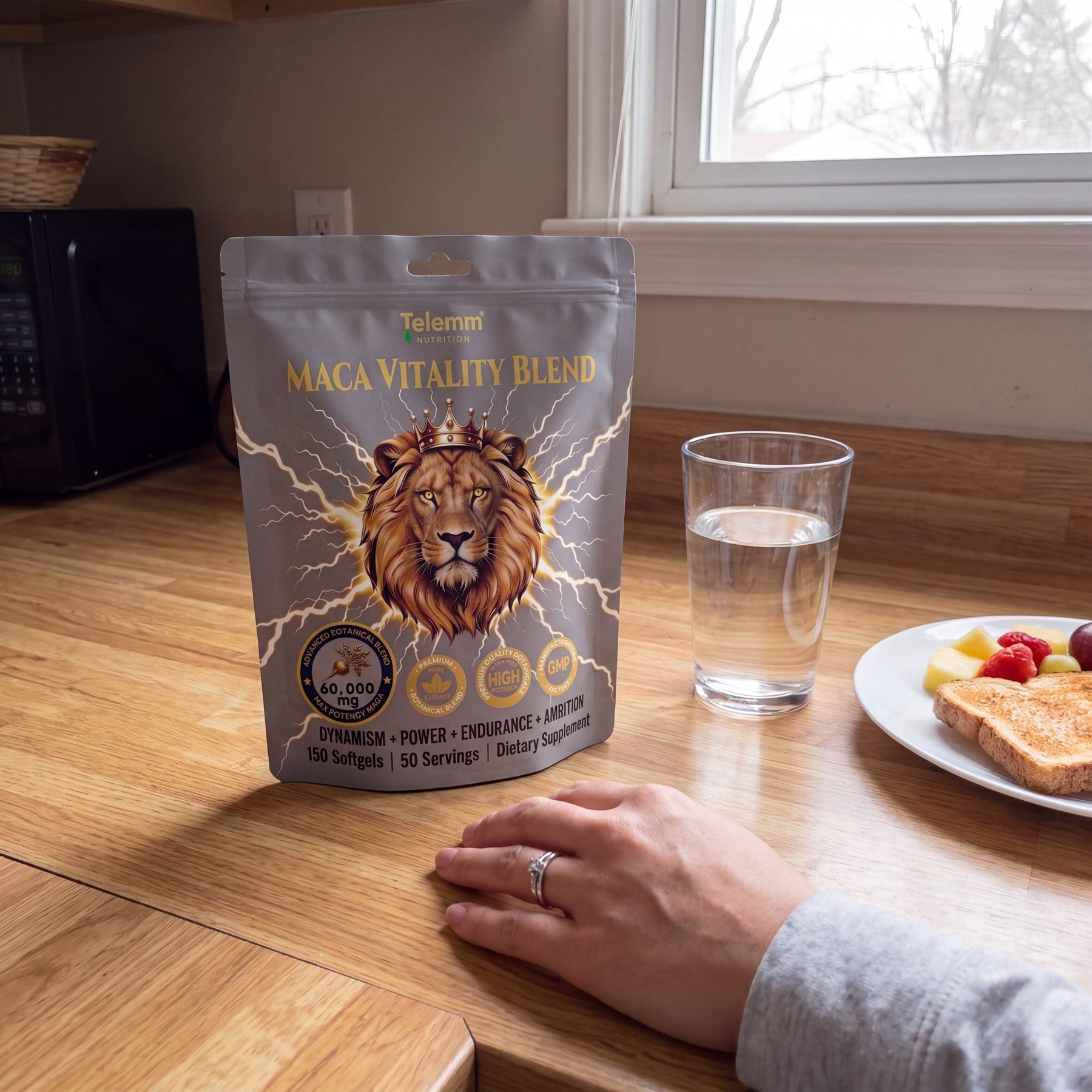 TELEMM Maca Vitality Blend beside water and breakfast