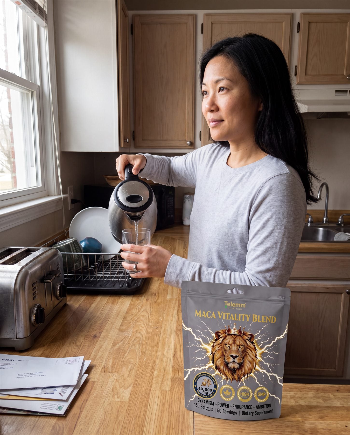 Asian American woman preparing water beside TELEMM Maca Vitality Blend in her kitchen