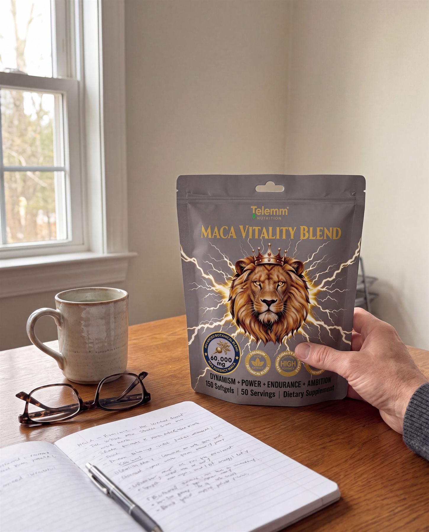 TELEMM Maca Vitality Blend held at a home work desk