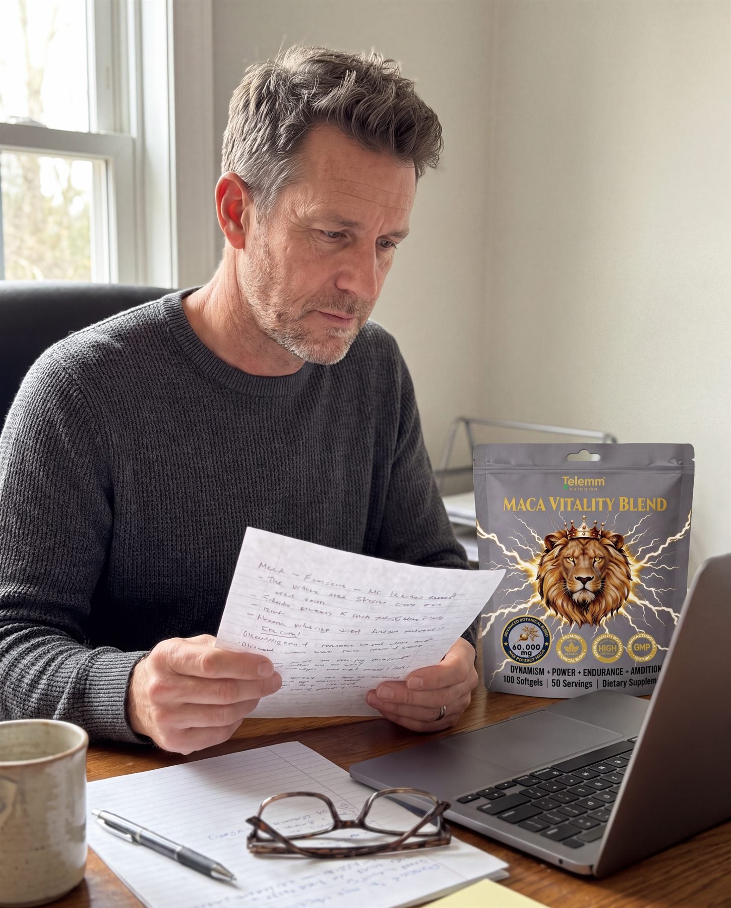 Man reviewing notes at a desk beside TELEMM Maca Vitality Blend