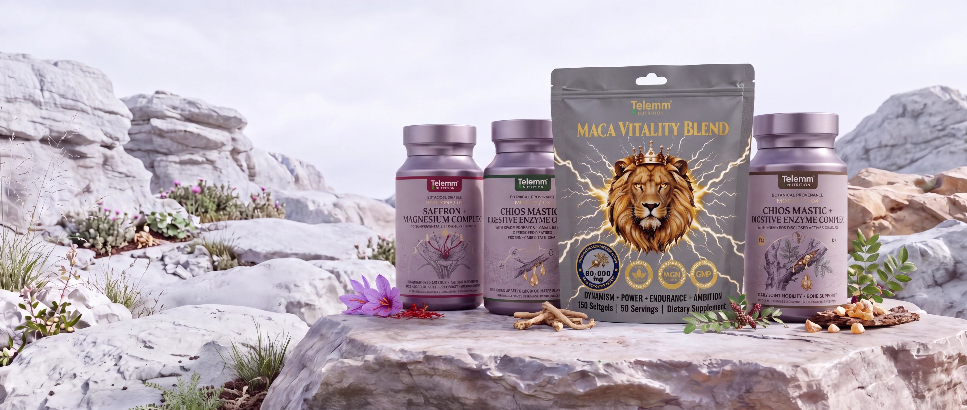 TELEMM botanical nutrition collection with maca, saffron, Chios mastic and Indian frankincense